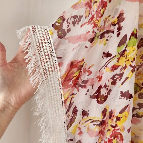 Steve Madden Sheer Floral Topper Kimono Swim Cover Fringe Trim Women's OS - Picture 4 of 7